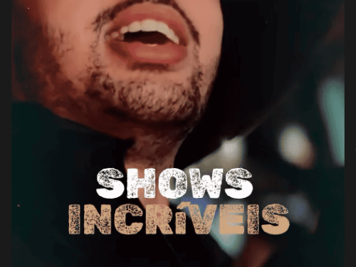 Imagem de homem com chapéu cantando com frase "Shows incríveis"