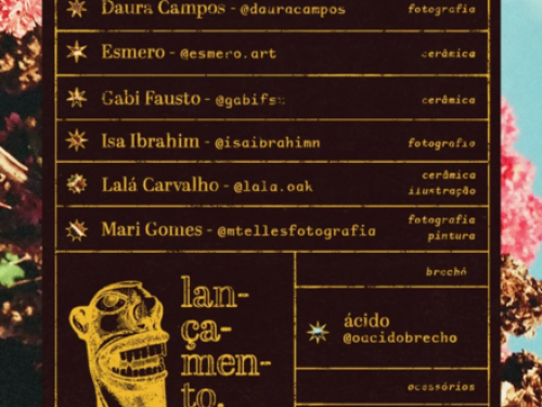 Pôster de divulgação na cor marrom e fundo floral, contendo o nome dos artistas participantes e @ do instagram.