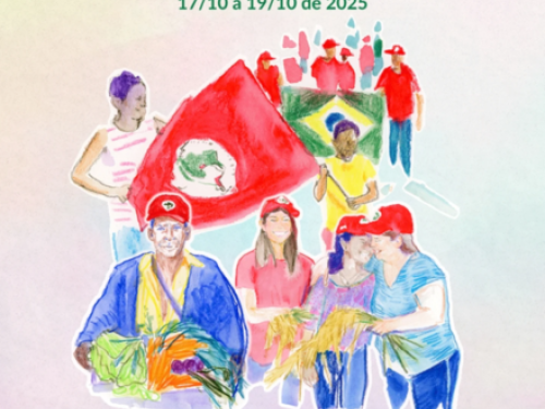 Pôster de divulgação com desenho de pessoas interagindo e a bandeira do MST e do brasil. Também contém o nome da feira Estadual da Reforma Agrária e Agricultura Familiar, com a frase: Cultivar a terra, defender o Brasil.