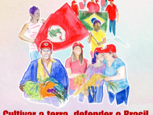 Desenho de pessoas interagindo e a bandeira do MST e do brasil com a frase: Cultivar a terra, defender o Brasil.