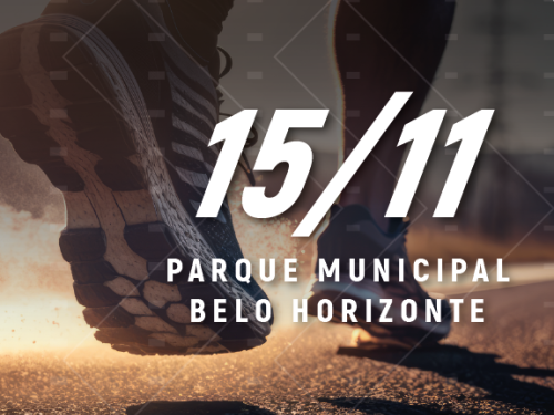 Imagem de um pessoa correndo com a data e local da corrida ao lado