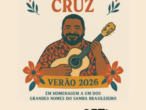 Cartaz com desenho representativo do Cantor Arlindo Cruz, tocando violão cercado por flores. O texto informa: homenagem a Arlindo Cruz, grande nome do samba brasileiro, dia 25 de outubro às 16h, no Batikum Tendinha Cultural, Rua Itararé, 566.