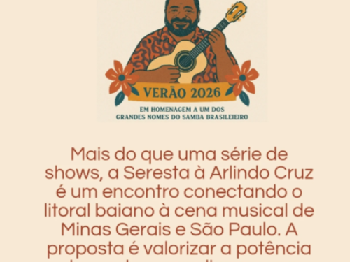 Cartaz com desenho representativo do Cantor Arlindo Cruz, tocando violão cercado por flores. O texto informa sobre o projeto.
