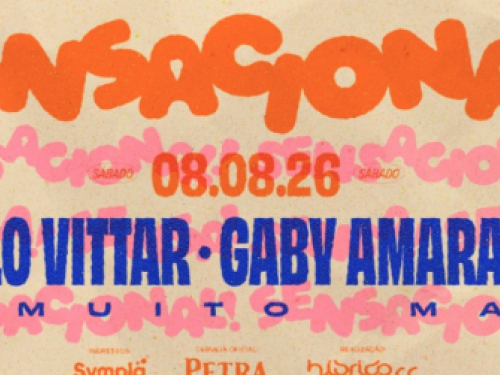 Imagem bege, com as letras de cores rosa, laranja, azul escuro e vermelho. Duas atrações confirmadas. Pabllo Vittar e Gaby Amarantos