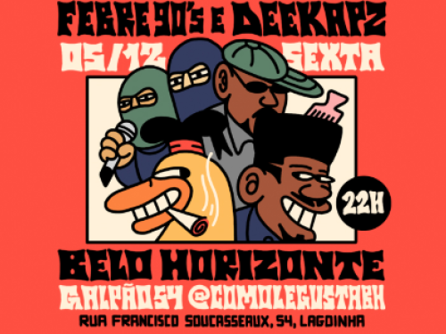 Imagem com o fundo vermelho, quatro desenhos de homens e um pato com um cigarro na boca