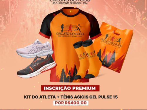 Flyer de divulgação da 14ª edição do Circuito do Fogo - fundo laranja com informações sobre o evento: data, local e imagem do kit de participação premium