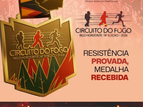 Flyer de divulgação da 14ª edição do Circuito do Fogo - fundo laranja com informações sobre o evento: data, local e imagem da medalha de participação