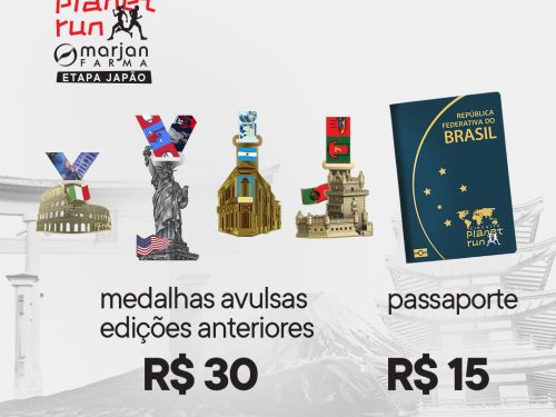 Flyer fundo cinza com desenhos japoneses no cabeçalho e logos dos patrocinadores no rodapé. Imagens das medalhas de participação de edições anteriores e passaporte, com valores: R$30 e R$15, respectivamente. Texto em preto e vermelho: Circuito Planet Run Etapa Japão - 15 novembro - Mineirinho