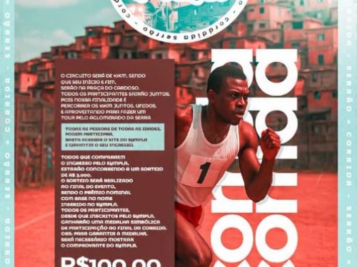 Flyer de divulgação com imagem do Aglomerado da Serra ao fundo, foto de um corredor com camiseta branca número 1 e informações sobre o evento Corrida Serrão 4ª edição.