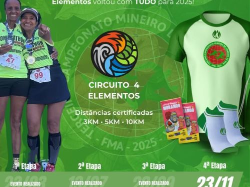 Flyer Terceiro Campeonato Mineiro de Corrida de Rua - 4ª etapa - fundo verde com foto de duas corredoras e do kit de participação e informações sobre o evento em branco