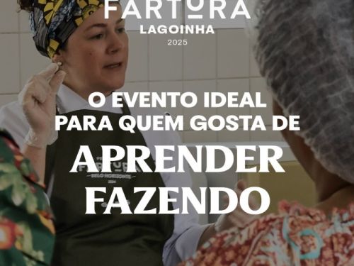 Fartura Lagoinha: Poster Divulgação com fotografia de uma chef ensinando outras cozinheiras