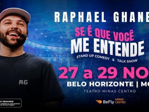 Flyer de divulgação com imagem do artista Raphael Ghanem no fundo azul, com informações dos dias e título da apresentação: “Se É Que Você Me Entende!”