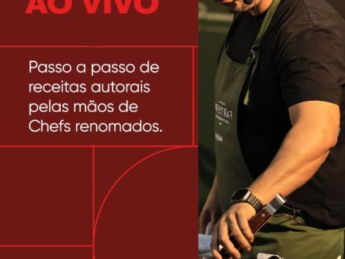 Fartura Lagoinha: Poster Divulgação com fotografia de um chef selando pedaços de carne em uma cozinha ao vivo