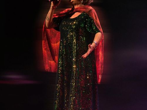 Imagem de uma mulher em pé, falando ao microfone