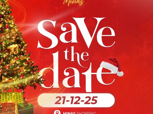 Imagem de cor vermelha, com uma arvore de natal decorada e iluminada, com "Save the date" em seu meio e a data da corrida logo abaixo