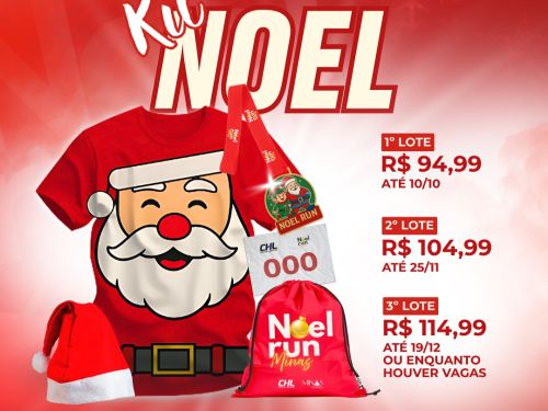Imagem do kit noel, com a blusa vermelha, um gorro de natal, uma sacola e um peitoral 