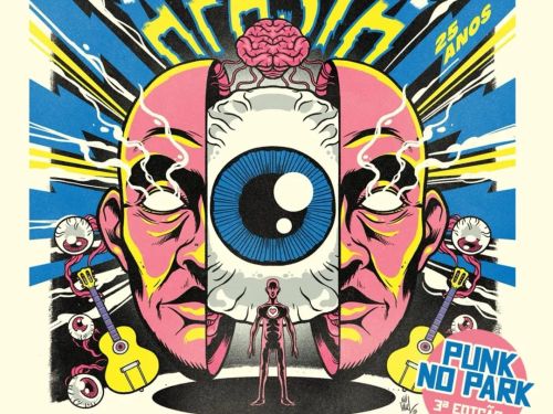 Imagem de uma cabeca partida ao meio, com um olho gigante saindo dela. instrumentos musicais em volta, raios e olhos em volta.