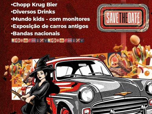 Imagem de fundo vermelho, uma bruxinha desenhada na frente de um carro antigo, da cor cinza e vermelho
