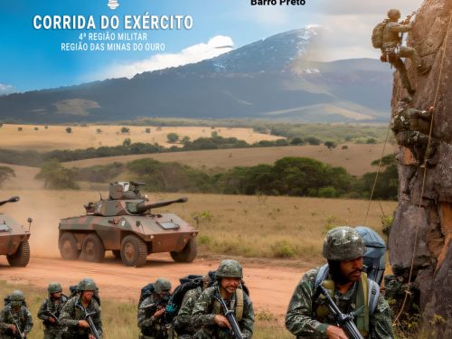 Imagem de homens usando farda, com armas na mão, com tanque da guerra atras