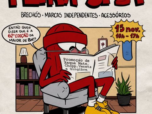 Cartaz colorido da Feira Spot, evento de brechós e marcas independentes. Mostra um personagem vermelho de gorro e óculos lendo jornal em uma poltrona. O texto informa: “15 de novembro, das 10h às 17h, Rua São Paulo, 978 – entrada gratuita”.