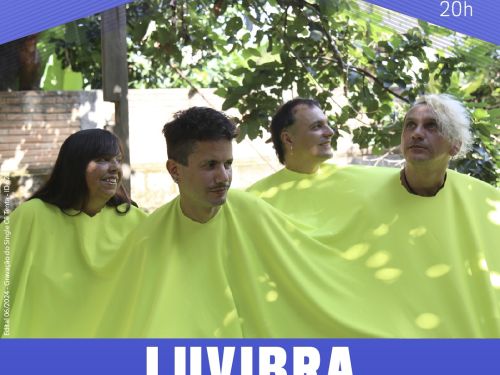 Cartaz divulgação com fundo lilás e fotografia do grupo LUVIBRA, textos em letra branca informando o line up, data, horário.