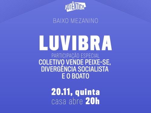 Cartaz com fundo lilás e textos em letra branca informando o line up, data, horário, site e apoiadores.