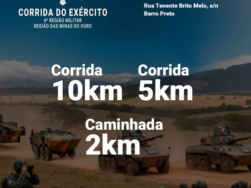 Imagem de homens usando farda, com armas na mão, com tanque da guerra atras. Km das corridas em destaque na imagem