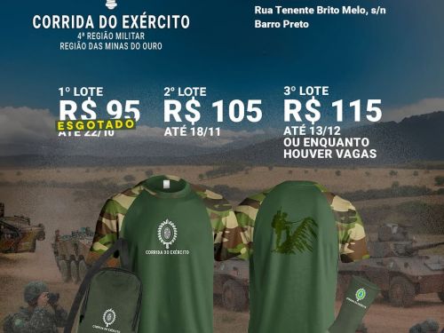 Imagem com o kit e o valor de cada um. Atras homens usando farda, com armas na mão, com tanque da guerra atras.