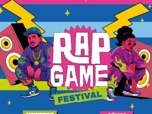 Imagem colorida, com um desenho de uma mulher e um homem sentados, caixa de som atras, como e local do evento 