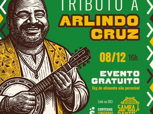 Flyer do evento com fundo verde e ilustração do cantor Arlindo Cruz, texto informa o evento