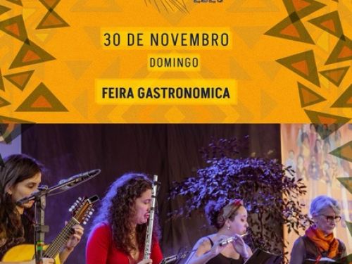 Flyer de divulgação com imagem de grupo tocando instrumento