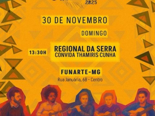 Flyer de divulgação, fundo amarelo e ilustração de pessoas tocando instrumentos.