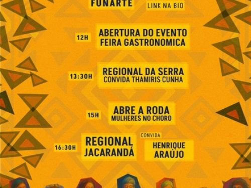 Flyer de divulgação, fundo amarelo e ilustração de pessoas tocando instrumentos.