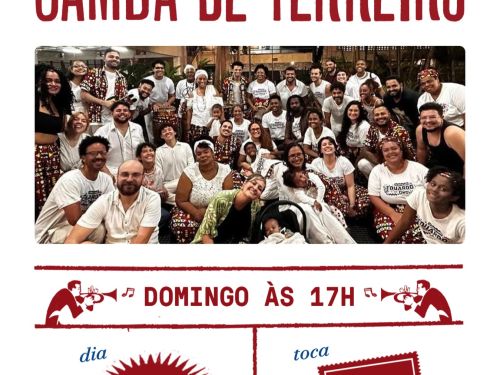 Flyer de divulgação com imagem do grupo samba de terreiro, texto com letras vermelhas informando o local, horário e a data 