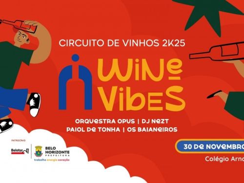 Poster de divulgação do evento "Circuito de Vinhos 2k25 - Wine Vibes" - Com ilustrações de um homem dançando com uma garrafa de vinho em uma mão direita, servindo uma taça de vinho na outra mão esquerda. E ilustração de uma mulher dançando com uma garrafa de vinho deitada na mão direita.