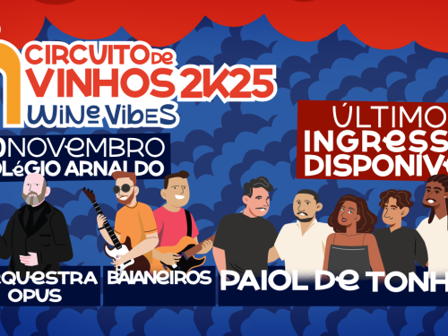 Poster ilustrado do evento "Circuito de Vinhos 2k25 - Wine Vibes" - com fundo azul escuro e borda vermelha, retratando um maestro (Orquestra Opus), dois homens tocando guitarra e baixo (Baianeiros), e um grupo de cinco pessoas com quatro homens e uma mulher ao centro (Paiol de Tonha)