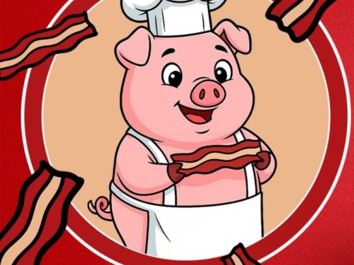 Ilustração de um porco de avental e com chapeu de chef, segurando uma tira de bacon