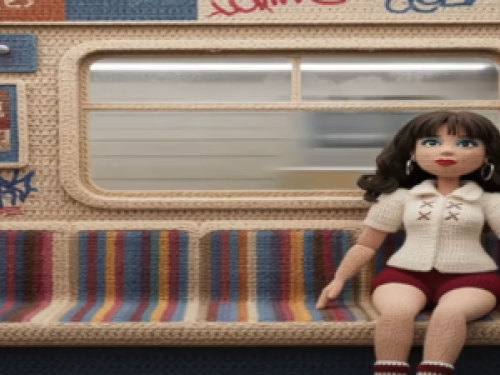 Imagem ilustrativa de uma boneca de tricô sentada dentro de um metrô