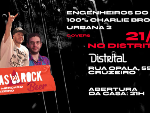 Imagem com tres pessoas no meio, um delas fazendo o sinal de rock, o nome do evento, data com o local do evento e o nome das bandas que vão estar presentes 