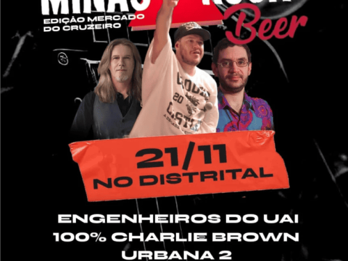 Imagem com tres pessoas no meio, um delas fazendo o sinal de rock, o nome do evento e a data com o local do evento