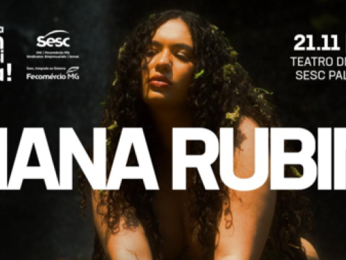 Cartaz divulgação com foto da cantora no fundo preto, letras grandes no centro da foto com o nome NANA RUBIM