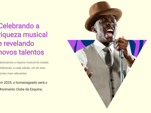 Fundo branco com a fotografia de um cantor, com o texto: Celebrando a riqueza musical e revelando novos talentos Valorizamos a riqueza musical do estado celebrando, a cada edição, um de seus nomes mais relevantes. Em 2025, o homenageado será o Movimento Clube da Esquina.