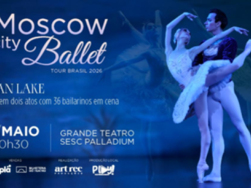 Cartaz divulgação na cor azul, com a fotografia de dois bailarinos.
