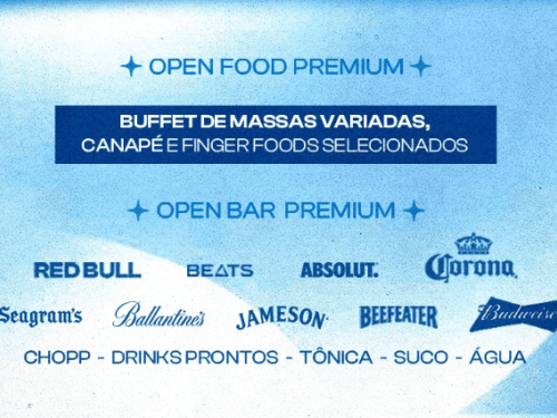 Imagem de fundo branco com azul, com as informações do que vai estar disponível na festa