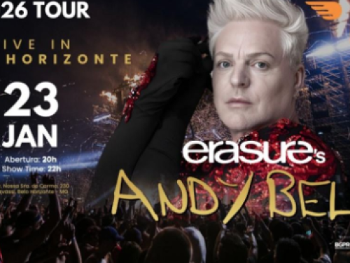 Imagem de um show com o rosto de um homem em destaque, ao lado a data e local do show