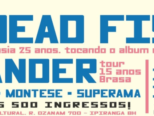 Imagem com letras coloridas, com os nomes das bandas, local do evento, onde comprar os ingressos 