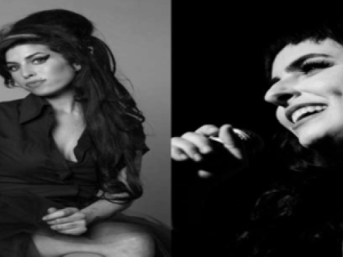 Foto da cantora Izza Quarteto e da Amy Winehouse em preto e branco