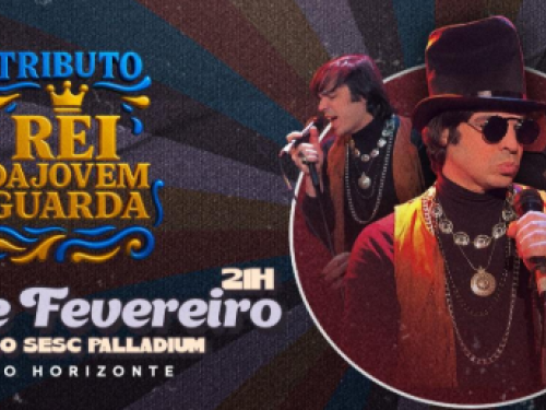 Imagem com a figura de um homem caracterizado, cantando, olhando para o lado e com o microfone na mão. Ao lado o nome do espetáculo, a data e o local