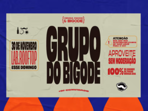 Imagem de fundo branco, com listras na cor azul e laranja, com o nome do grupo, local, data do evento.