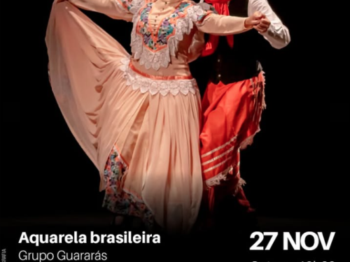 Poster de divulgação da apresentação "Aquarela Brasileira" do Grupo Folclórico Guararás - Com fotografia de um casal caracterizado como gaúchos dançando